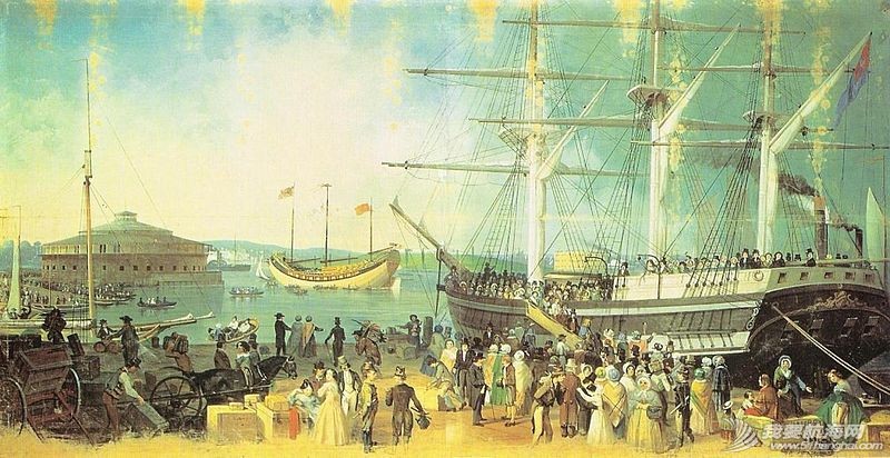 《纽约港湾》塞缪尔·沃（1814-1885），描绘了1847年停泊于纽约港的耆英号（帆布水彩画，作于1853-1855）， ...
