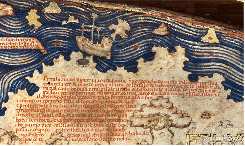 弗拉·毛羅地圖细部，显示一艘中国帆船于1420年航行于大西洋。